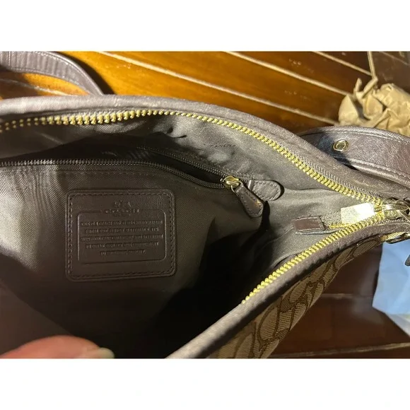 Coach Signature C Monogram Canvas Leather Trim Shoulder Bag‎ Brown Beige - Picture 7 of 8